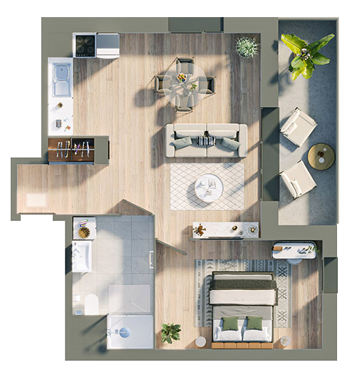 Plan 3D appartement T2 — Résidence L'Épicentre Wattignies
