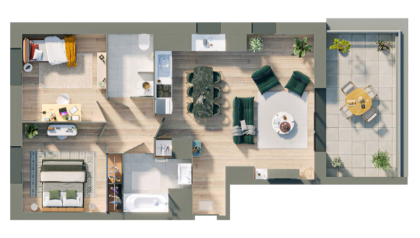 Plan 3D appartement T3 — Résidence L'Épicentre Wattignies